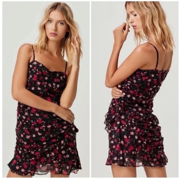 FOR LOVE AND LEMONS Hawn Ruffle Floral Mini Dress Sequin Detail Tie Side Black - Picture 1 of 16